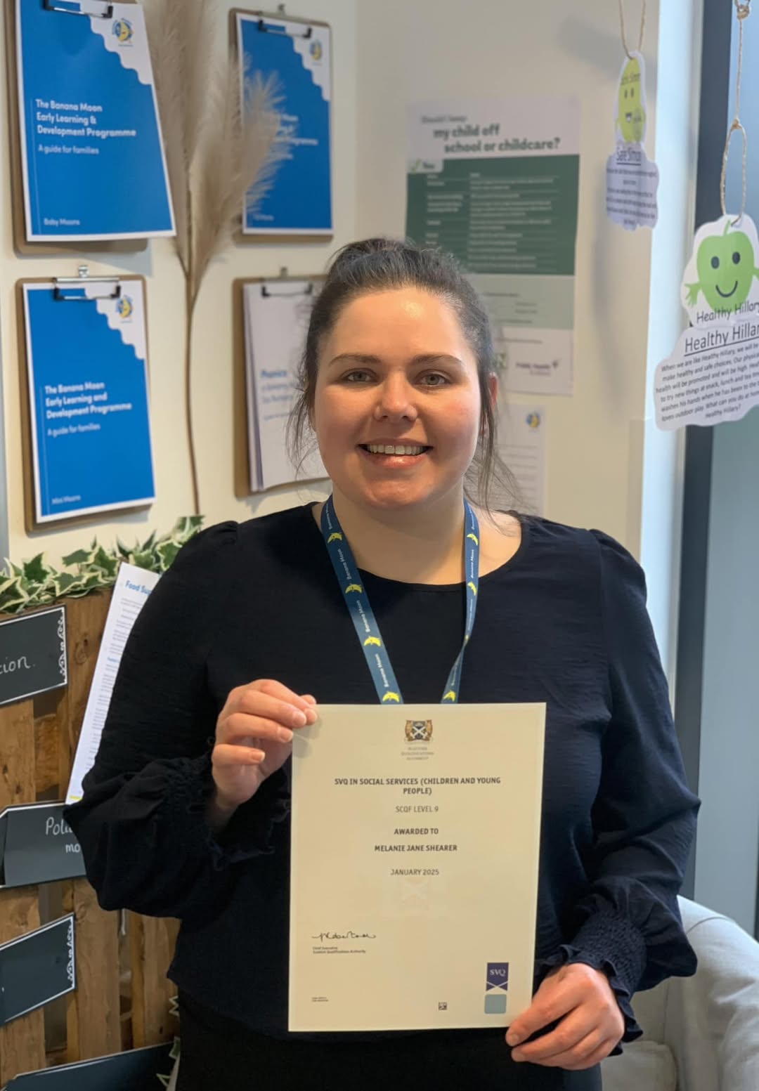 Celebrating Mel’s Achievement: Level 4 in Social Services at Banana Moon Aberdeen International! 🎓🎉